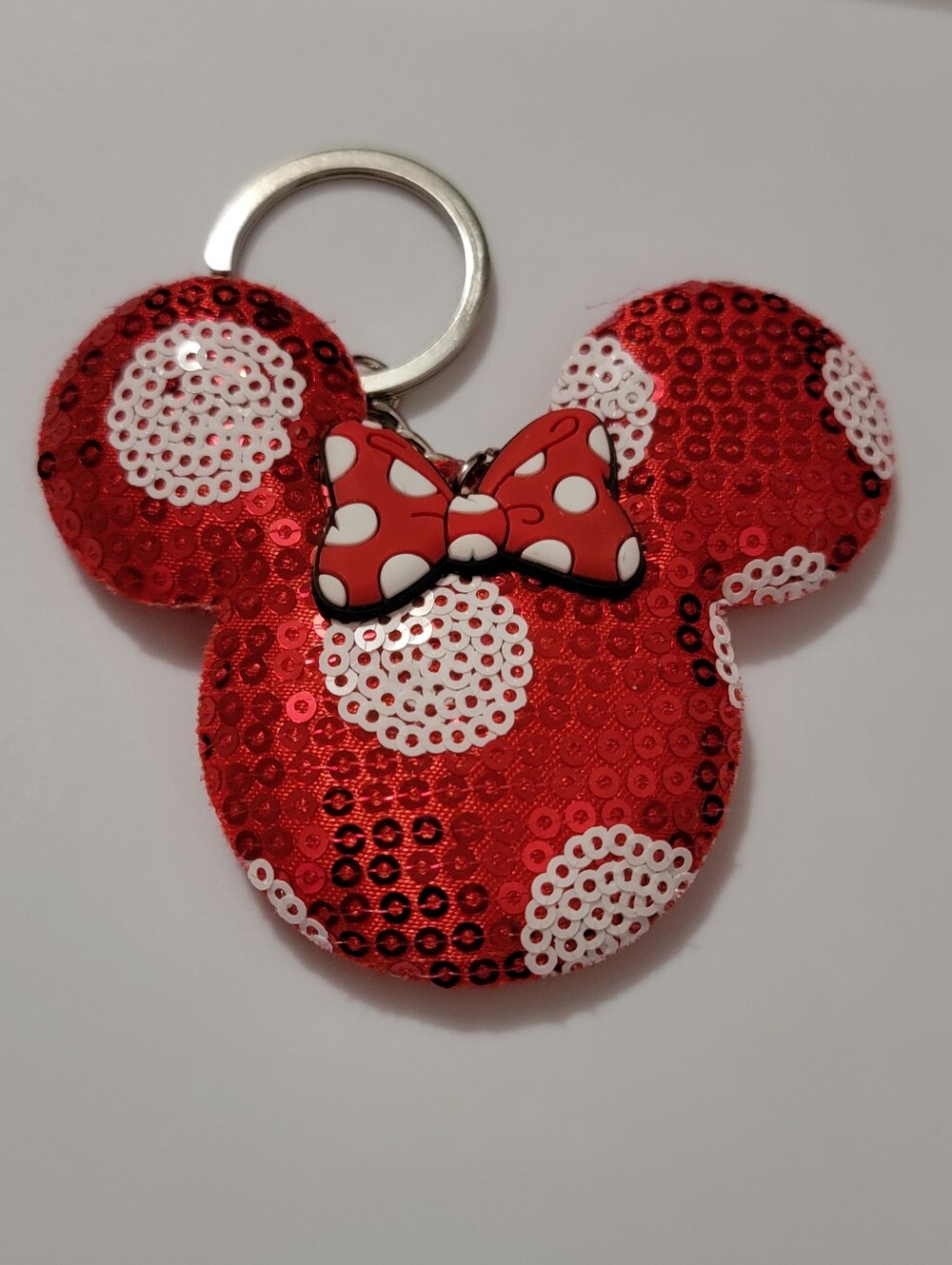 Red Minnie Mouse Sequin Keychain with Bow